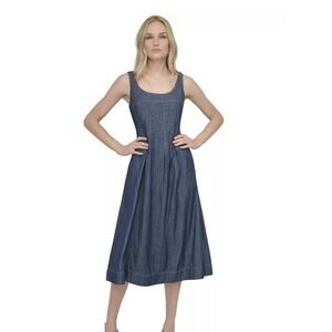 DKNY Petite Denim Fit & Flare Dress Scoop Neck Sleeveless Midi Blue‎ Size 6